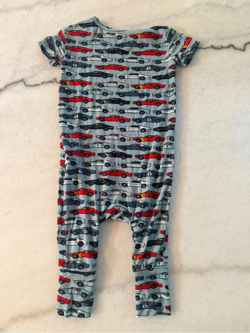 Posh Peanut Blue Car-Print Romper with Red & Navy Accents